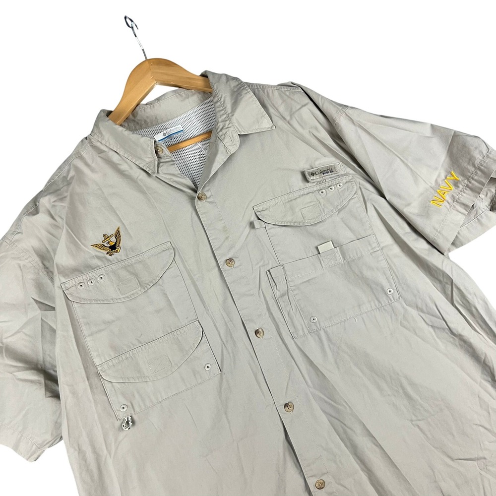 Columbia PFG US Navy Fishing Shirt Mens XXL‎ Tan Short Sleeve Button Up